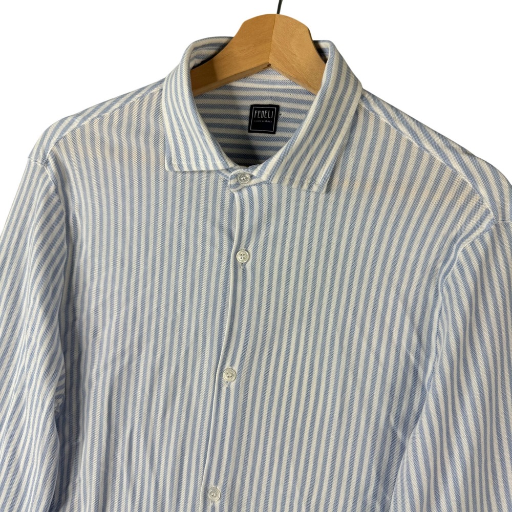 Fedeli Italy Blue White Striped Cotton Knit Button Down Shirt Mens 50 L